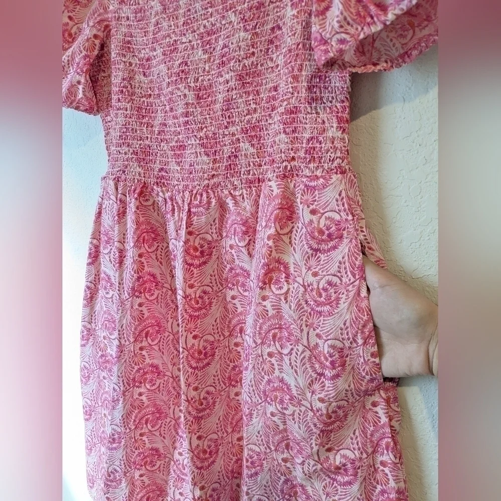 J. Crew Pink Floral Smocked Square Neckline Puff Sleeve Flowy Poplin Mini Dress